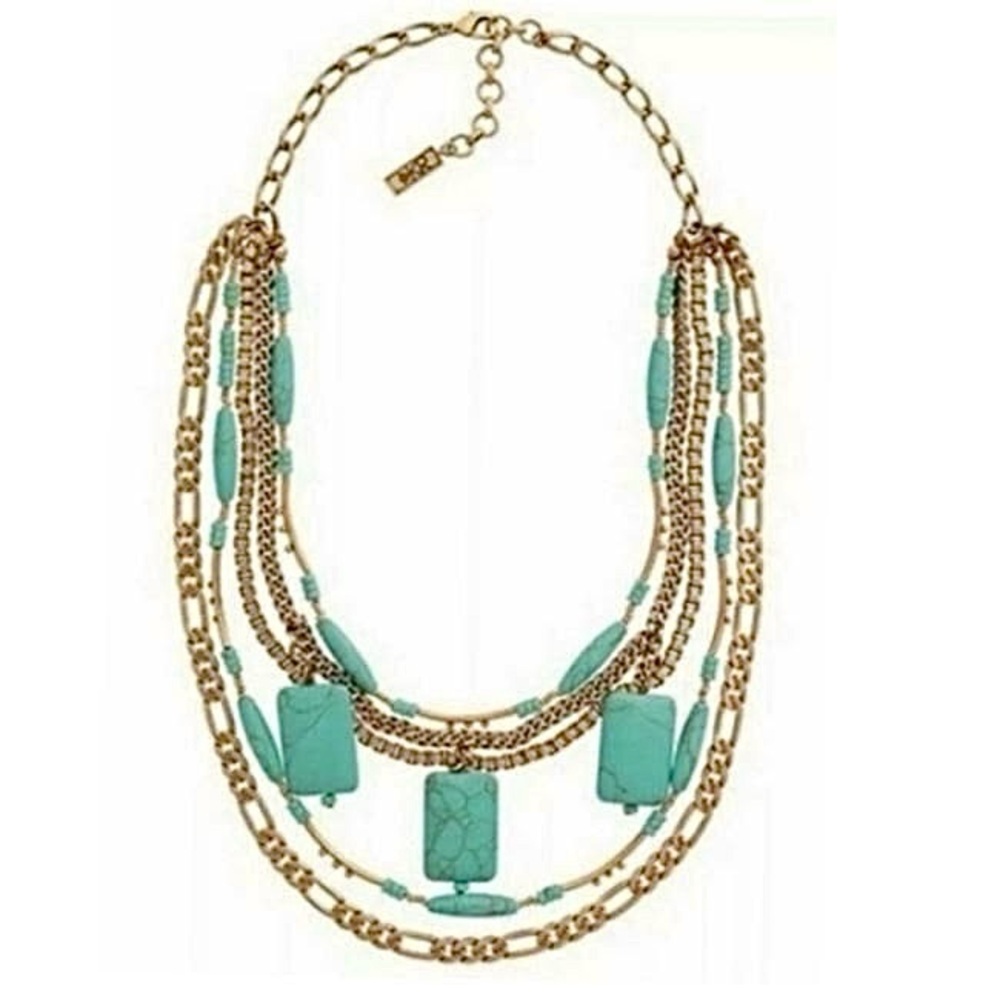 Silpada Turquoise Blue Tablet Beads Brass Chain Link Bid Statement Necklace